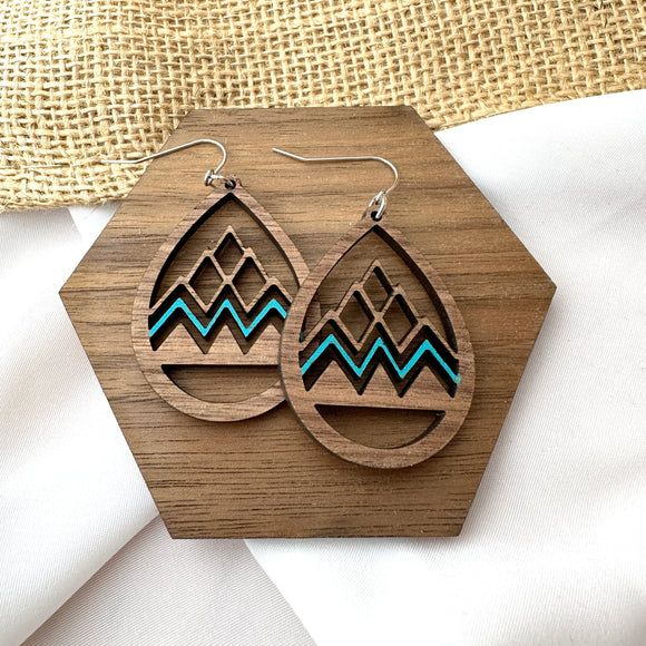 Hand Painted Teal Mountain Wood Earrings - Wholesale