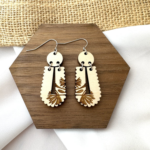 2 Part Skinny Scalloped Taper Drop Wood Earrings - Wholesale